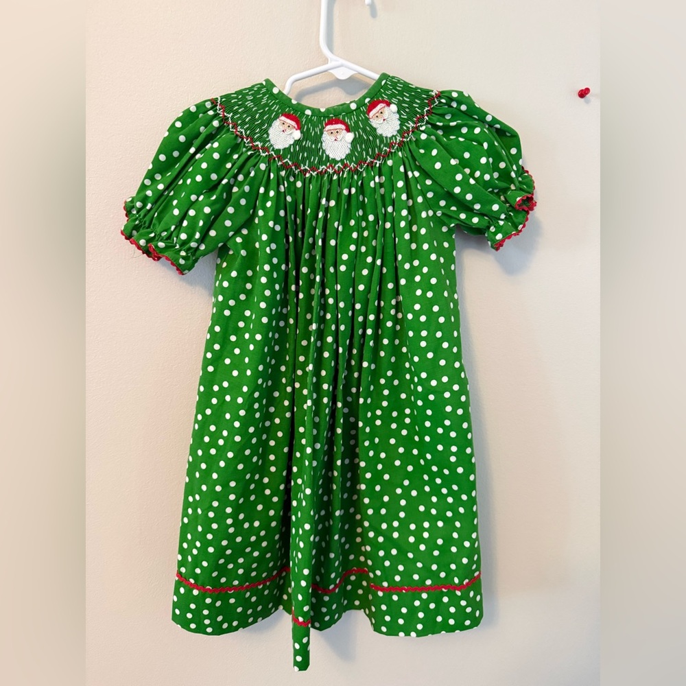Silly Goose Green Polka Dot Smocked Dress with Santa Embroidery